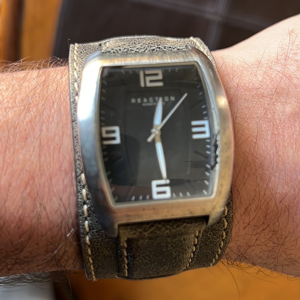 Reaction Kenneth Cole Gray leather biker cuff watch with black dial